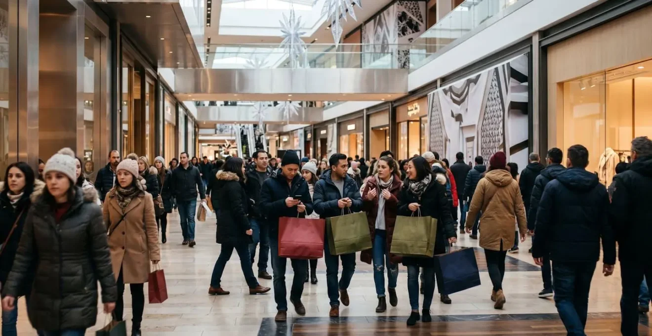 Vue en plongée d'une galerie commerciale animée avec flux de passants en mouvement pendant les soldes d'hiver
