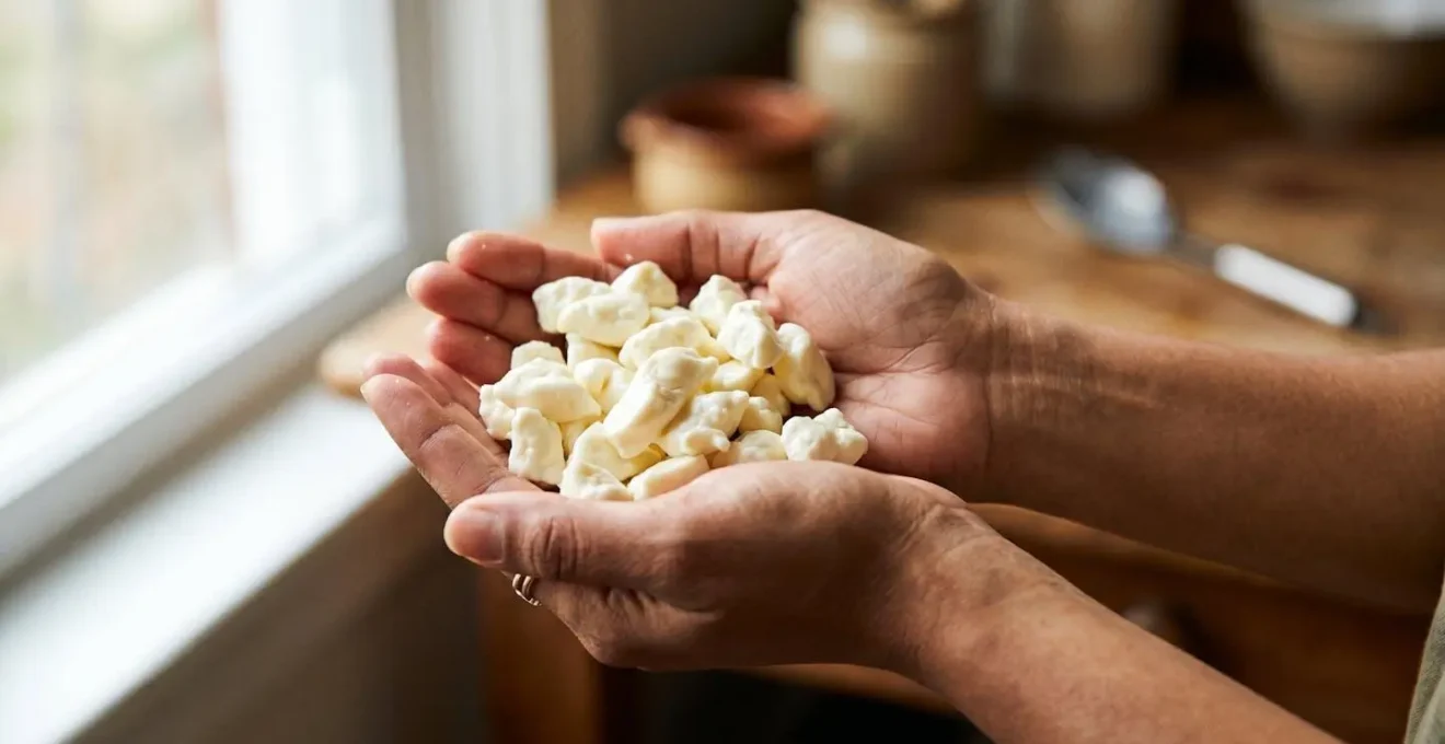 Photographie détaillée montrant la texture caractéristique du fromage en grains frais pour poutine