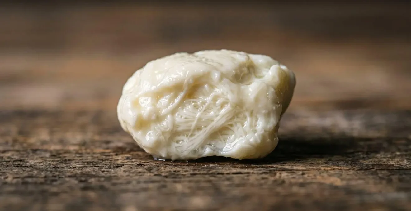 Détail macro d'un grain de fromage frais montrant sa texture élastique et sa surface humide caractéristique