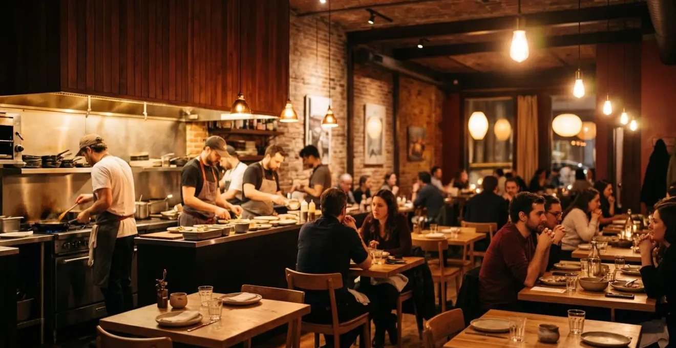 Ambiance intimiste d'un restaurant québécois avec éclairage tamisé et atmosphère conviviale