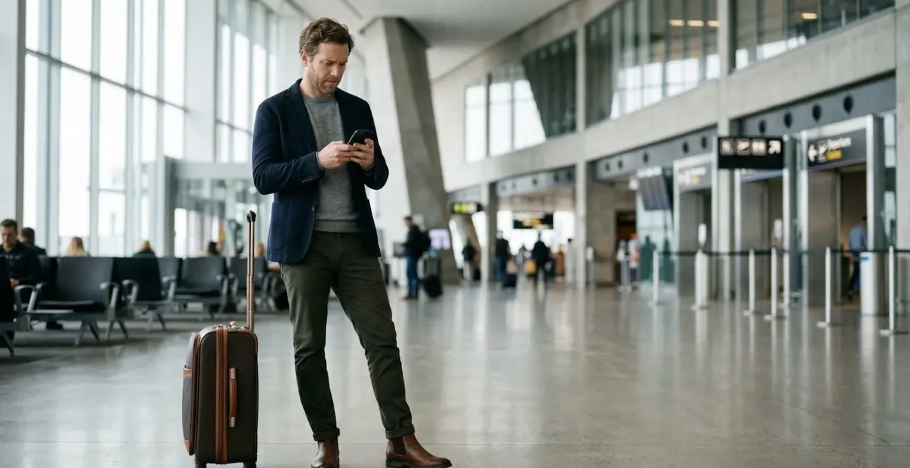 Passager vérifiant son téléphone dans un terminal d'aéroport moderne avec panneaux de vol en arrière-plan