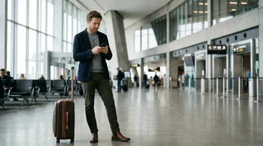 Passager vérifiant son téléphone dans un terminal d'aéroport moderne avec panneaux de vol en arrière-plan