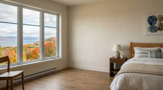 Hébergement économique au Québec avec vue sur paysage canadien typique