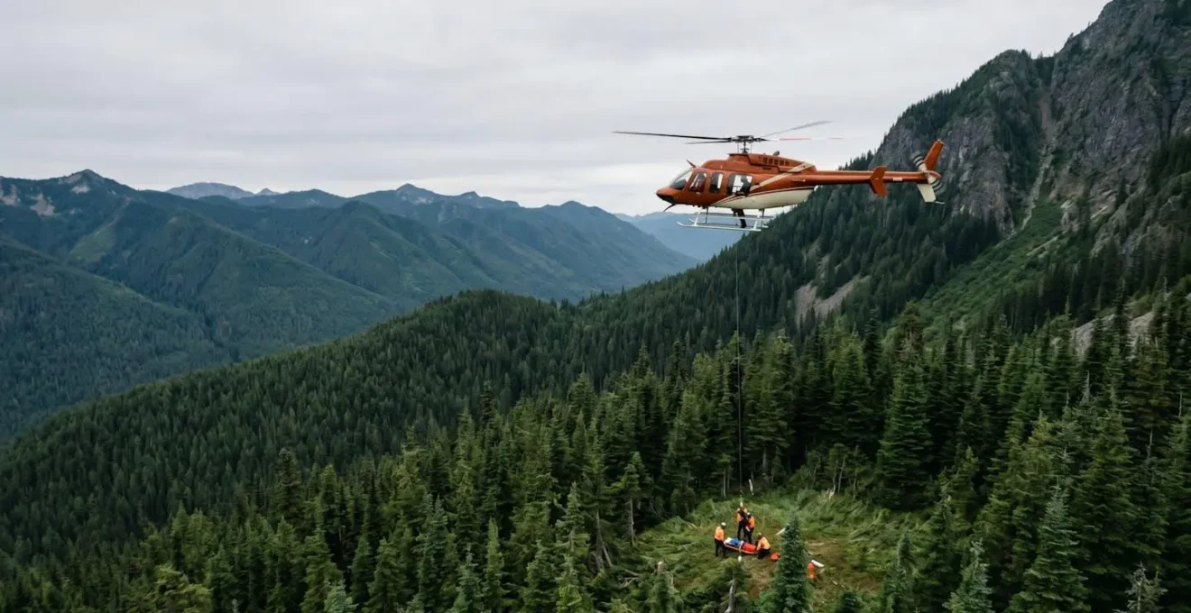 Hélicoptère de secours médical survolant une zone forestière montagneuse éloignée