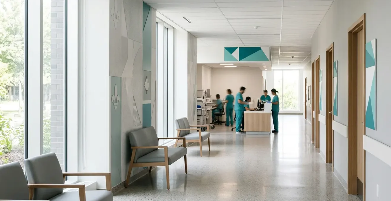 Couloir d'urgence hospitalière moderne au Québec avec signalétique bilingue et environnement professionnel