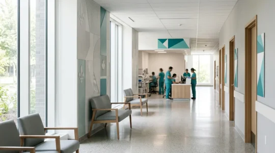Couloir d'urgence hospitalière moderne au Québec avec signalétique bilingue et environnement professionnel