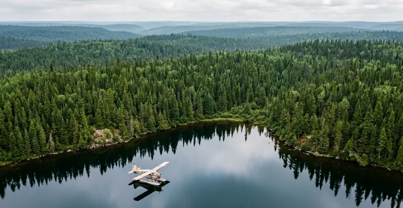 Hydravion posé sur un lac entouré de forêts denses en Haute-Mauricie québécoise