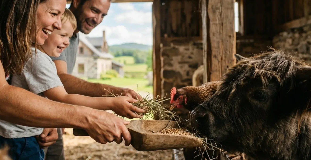 Visiteurs participant aux activités agricoles dans une ferme québécoise entourés d'animaux de la ferme