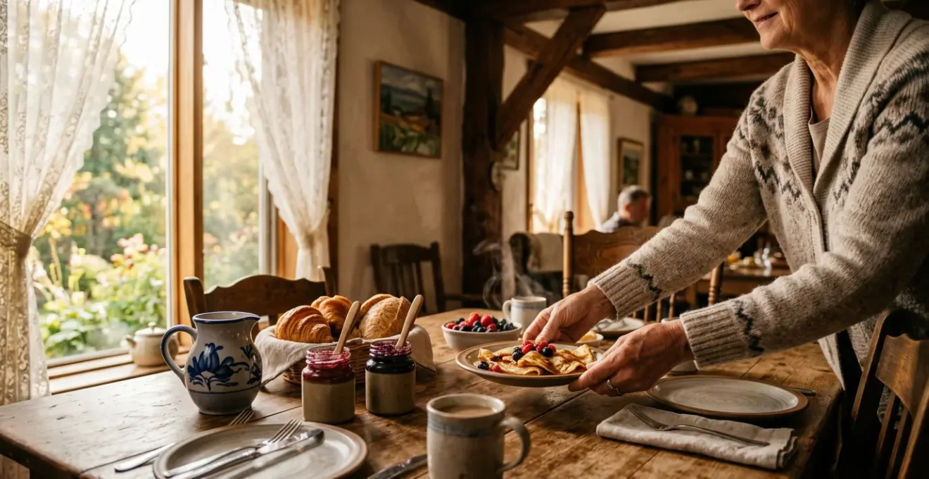 Intérieur chaleureux d'un gîte québécois traditionnel avec table de petit-déjeuner