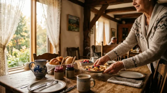 Intérieur chaleureux d'un gîte québécois traditionnel avec table de petit-déjeuner