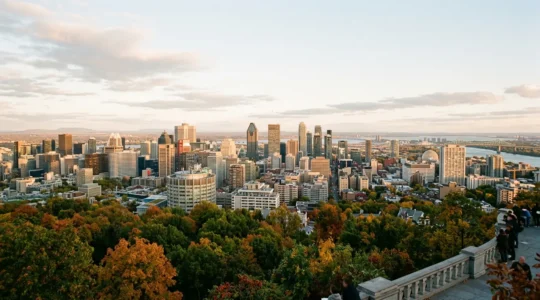 Vue panoramique de Montréal avec le Mont-Royal au premier plan et le centre-ville en arrière-plan, atmosphère de découverte urbaine sereine