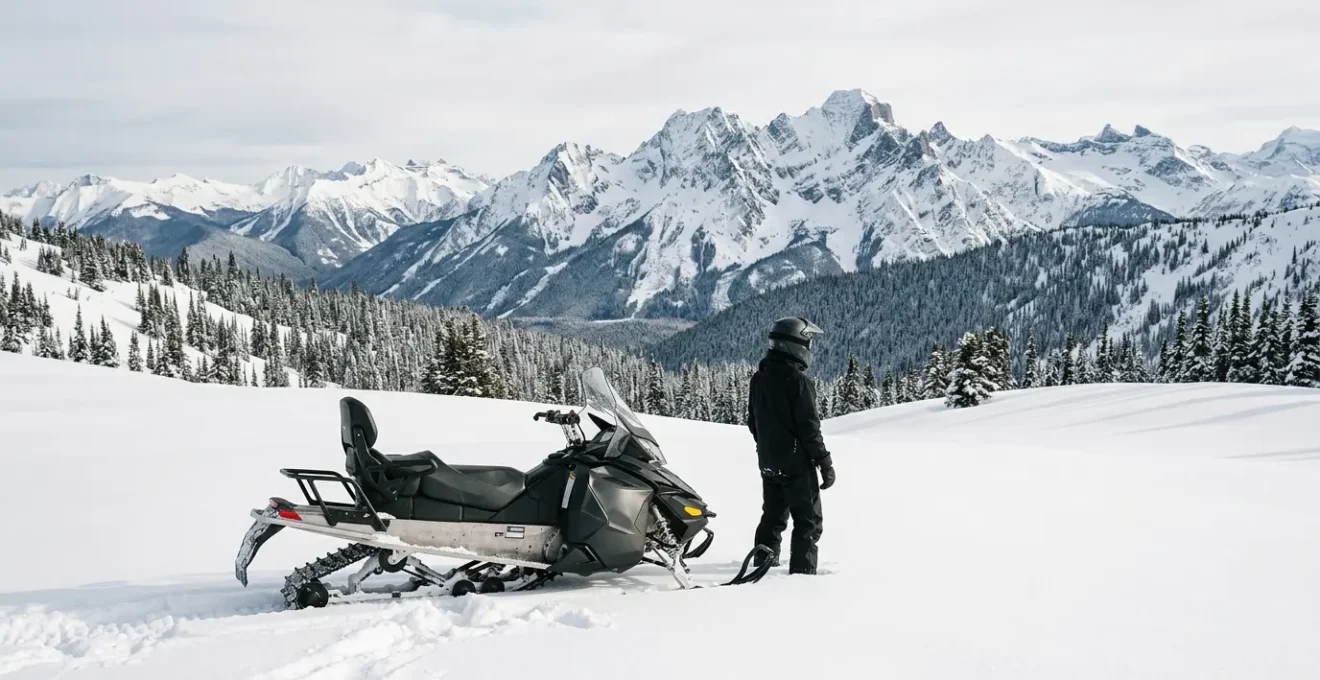 Scène de location de motoneige en plein air avec paysage montagneux enneigé et équipement de sécurité