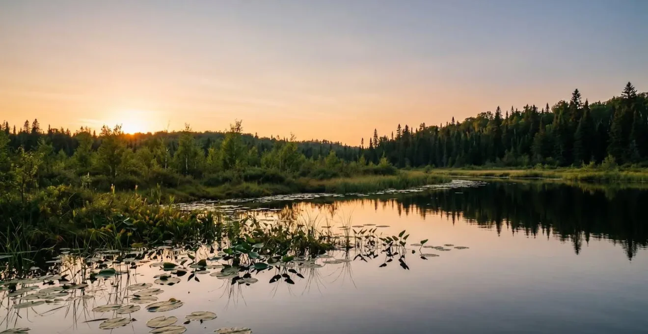 Vue grand angle d'un paysage forestier québécois avec étang et végétation aquatique au crépuscule