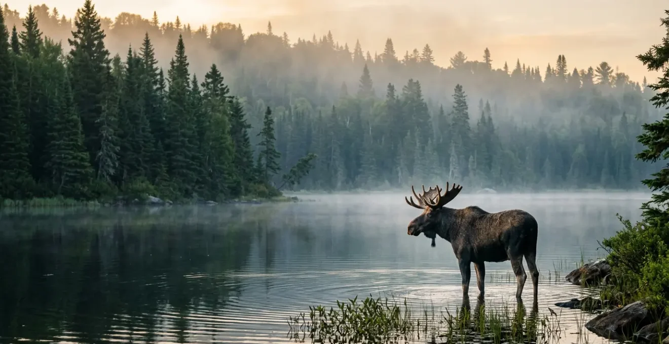 Orignal solitaire au bord d'un lac en forêt boréale au lever du soleil