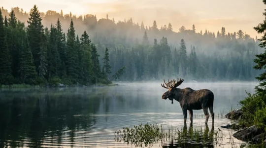 Orignal solitaire au bord d'un lac en forêt boréale au lever du soleil
