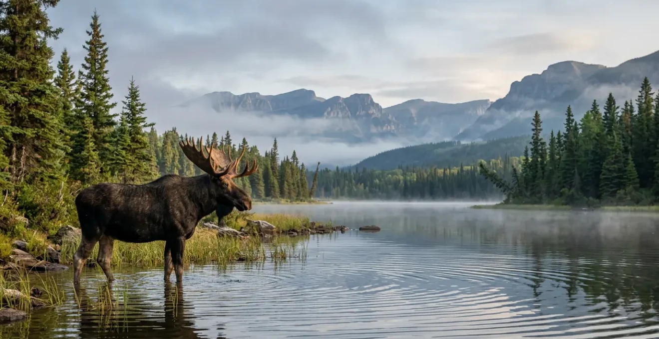 Orignal majestueux observé dans son habitat naturel au cœur d'un parc national du Québec, entouré de forêt boréale et de montagnes
