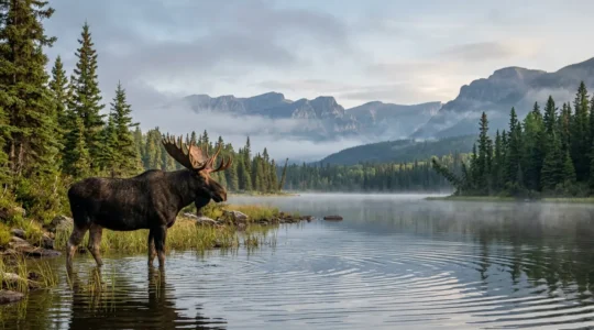 Orignal majestueux observé dans son habitat naturel au cœur d'un parc national du Québec, entouré de forêt boréale et de montagnes