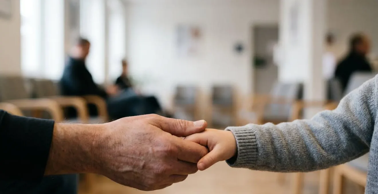 Parent tenant la main d'un enfant dans une salle d'attente medicale au Canada