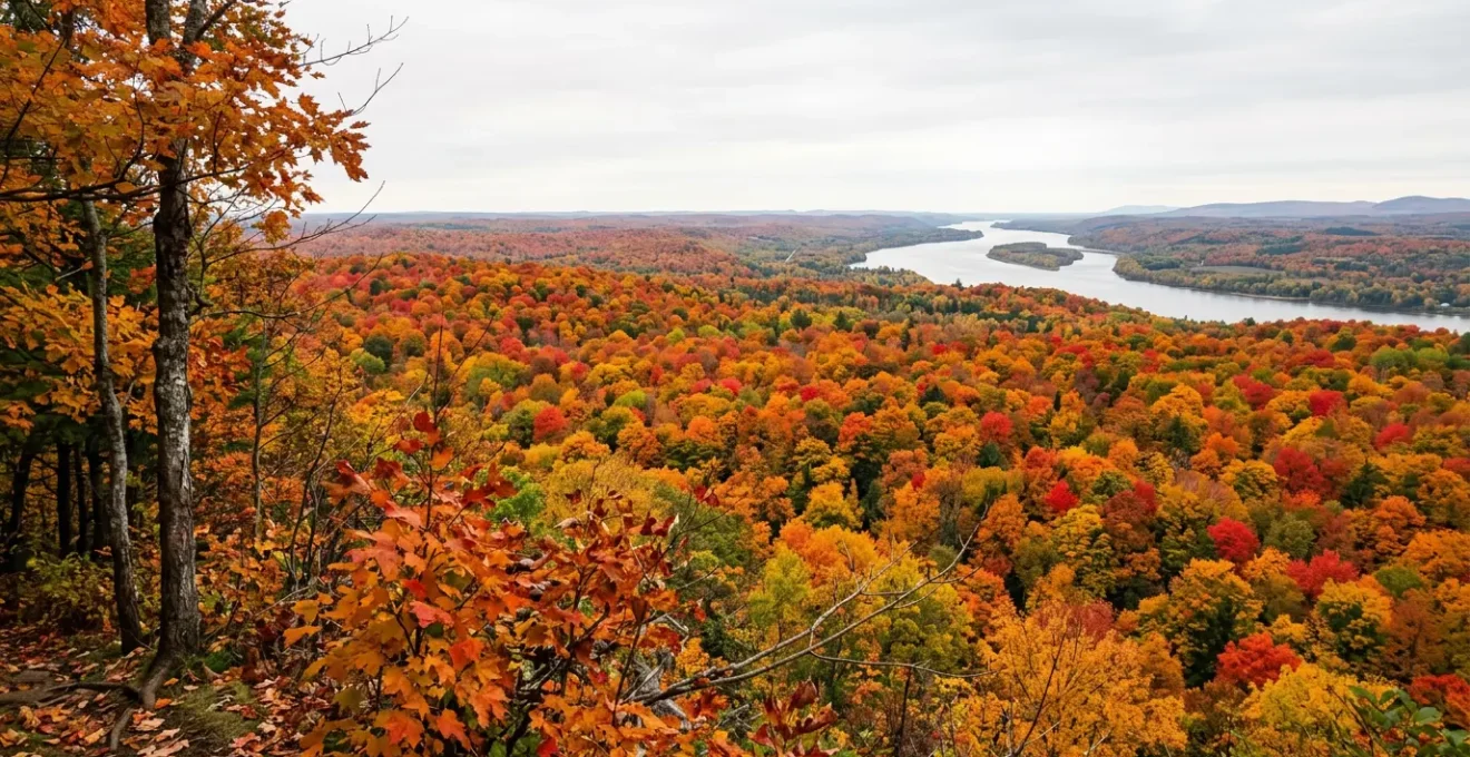 Panorama automnal du Québec avec forêt de feuillus aux couleurs flamboyantes