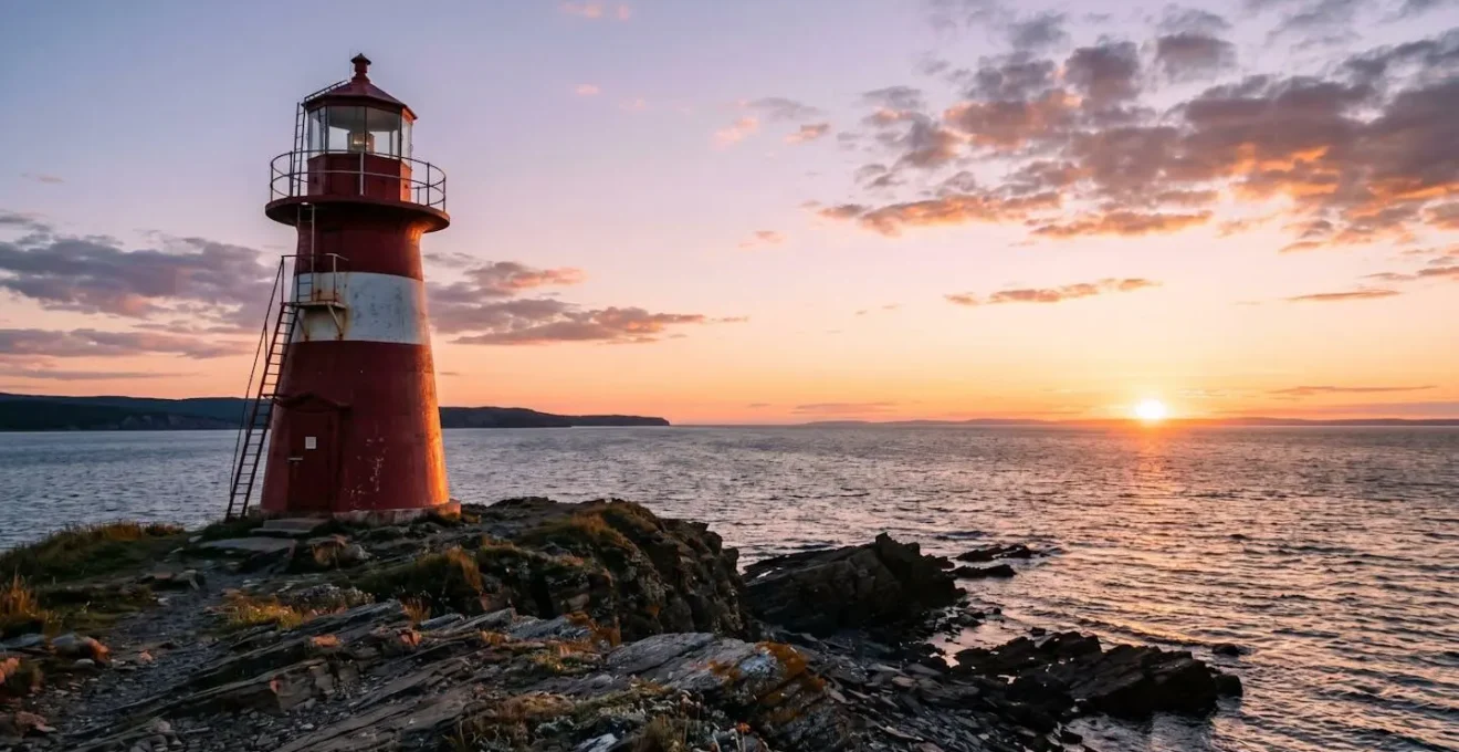 Phare emblématique de la Gaspésie au coucher du soleil avec lumière dorée sur la côte maritime