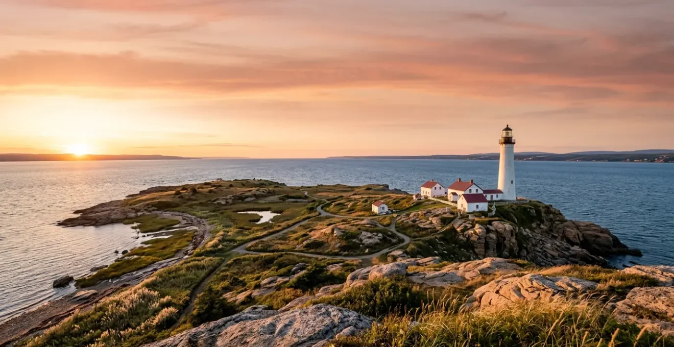Vue panoramique d'un phare historique sur une île de l'estuaire du Saint-Laurent au crépuscule