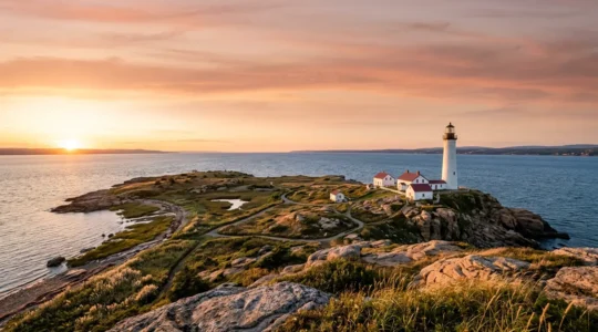 Vue panoramique d'un phare historique sur une île de l'estuaire du Saint-Laurent au crépuscule