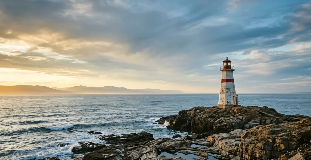 Phare emblématique du Québec au bord du fleuve Saint-Laurent sous un ciel dramatique