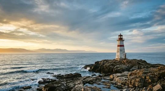 Phare emblématique du Québec au bord du fleuve Saint-Laurent sous un ciel dramatique