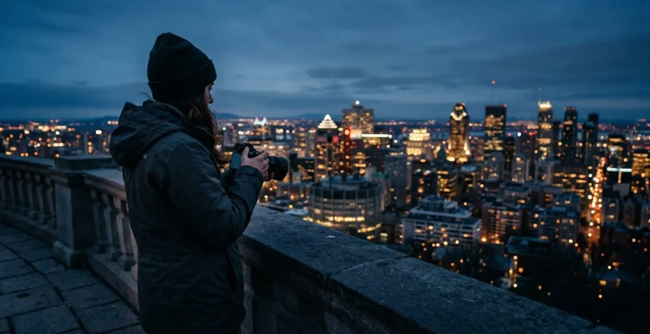 Photographe capturant le lever du soleil au Belvédère Kondiaronk avec vue sur Montréal dans une lumière bleue matinale