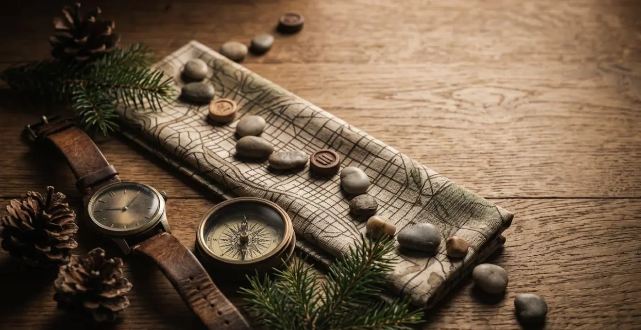 Composition symbolisant la planification minutieuse d'une visite avec horloge naturelle et éléments organisationnels