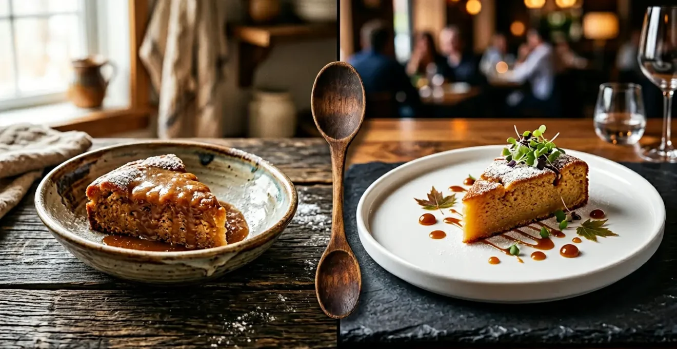 Dessert québécois traditionnel présenté dans une assiette élégante illustrant l'évolution du pouding chômeur vers la haute gastronomie