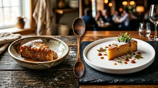 Dessert québécois traditionnel présenté dans une assiette élégante illustrant l'évolution du pouding chômeur vers la haute gastronomie