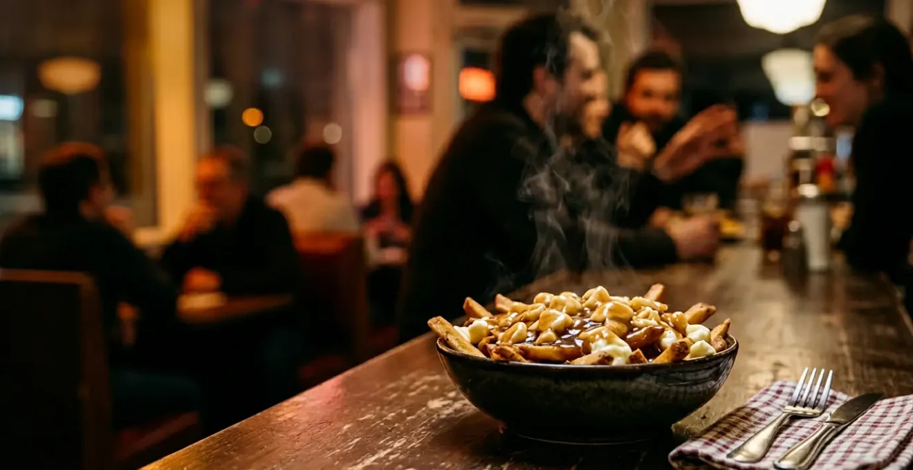 Poutine québécoise fumante avec fromage en grains et sauce brune dans un décor montréalais authentique