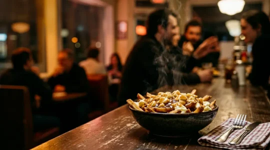Poutine québécoise fumante avec fromage en grains et sauce brune dans un décor montréalais authentique