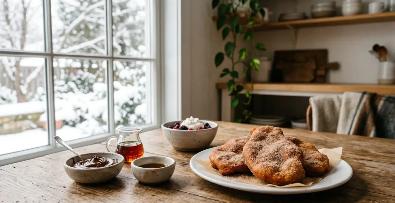 Table de brunch avec pâtes frites dorées, bols de garnitures variées et ambiance conviviale hivernale