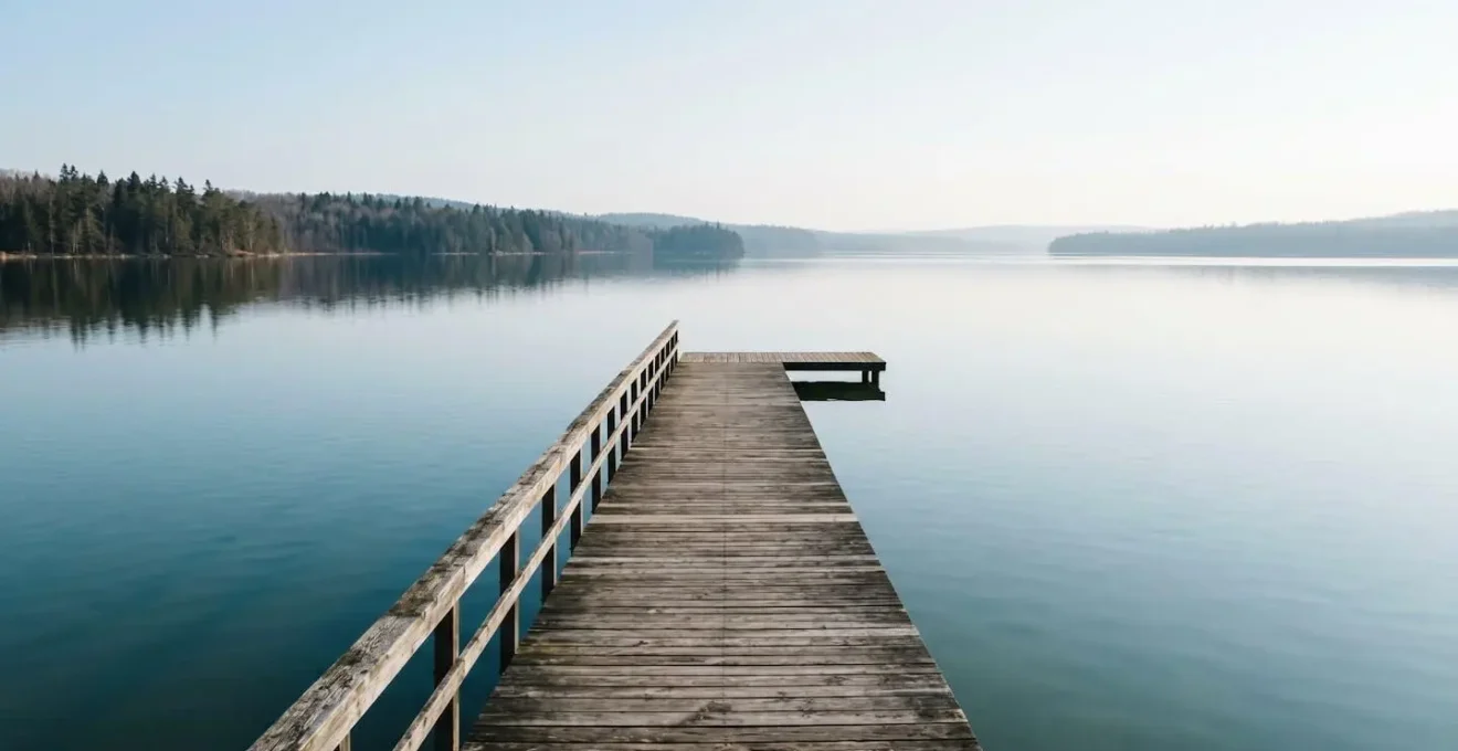 Vue aérienne d'un quai en bois s'étendant sur un lac calme