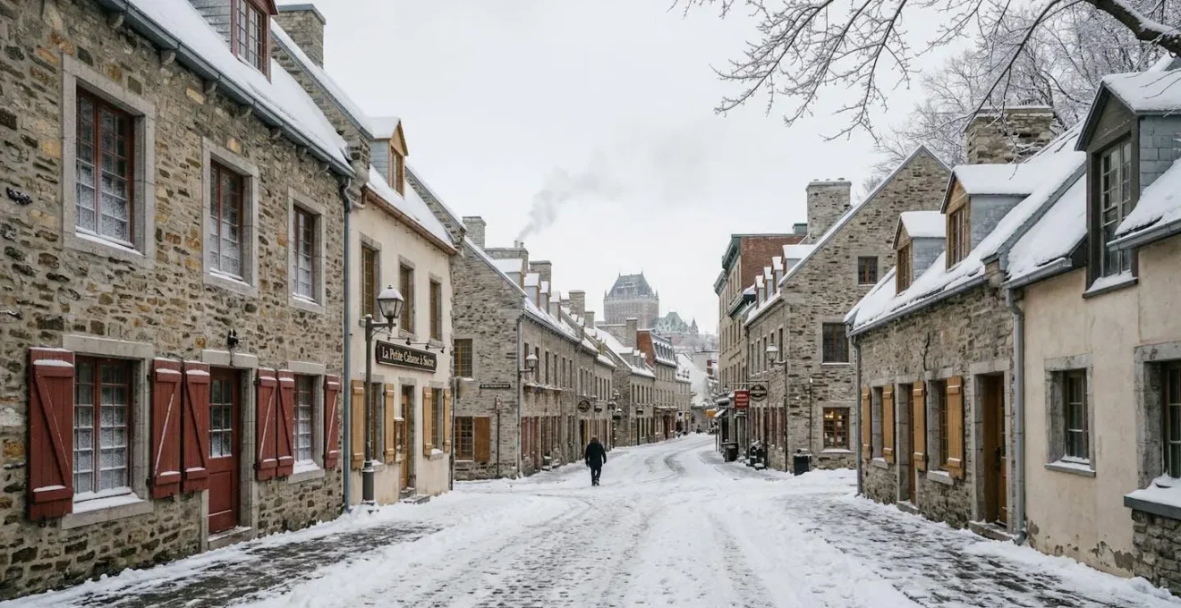 Rue enneigée du Vieux-Québec en hiver avec architecture historique sous la lumière hivernale