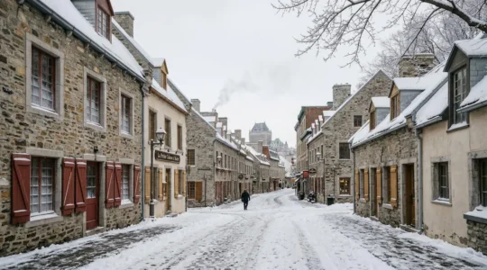 Rue enneigée du Vieux-Québec en hiver avec architecture historique sous la lumière hivernale