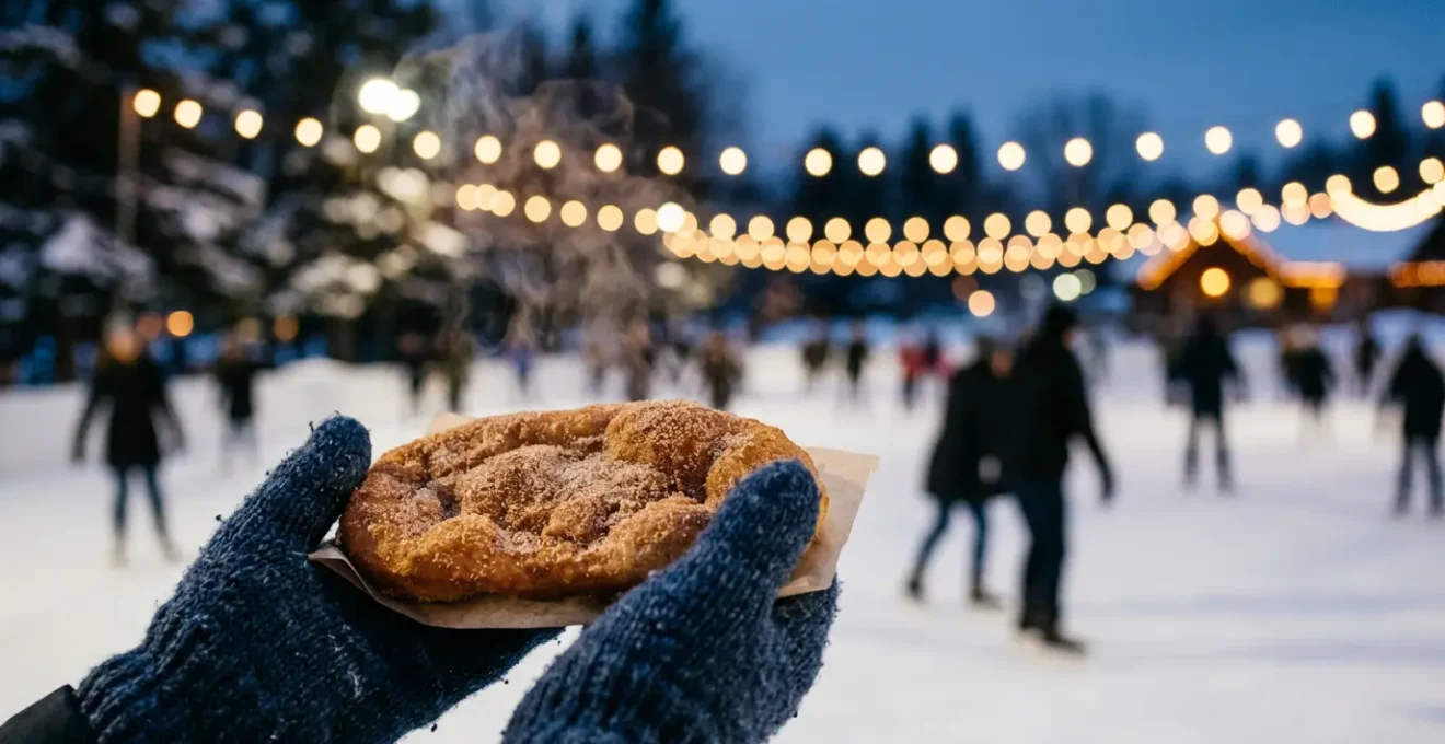 Pâtisserie Queue de Castor fumante recouverte de cannelle et sucre dans un environnement hivernal canadien