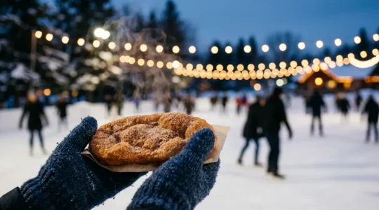 Pâtisserie Queue de Castor fumante recouverte de cannelle et sucre dans un environnement hivernal canadien