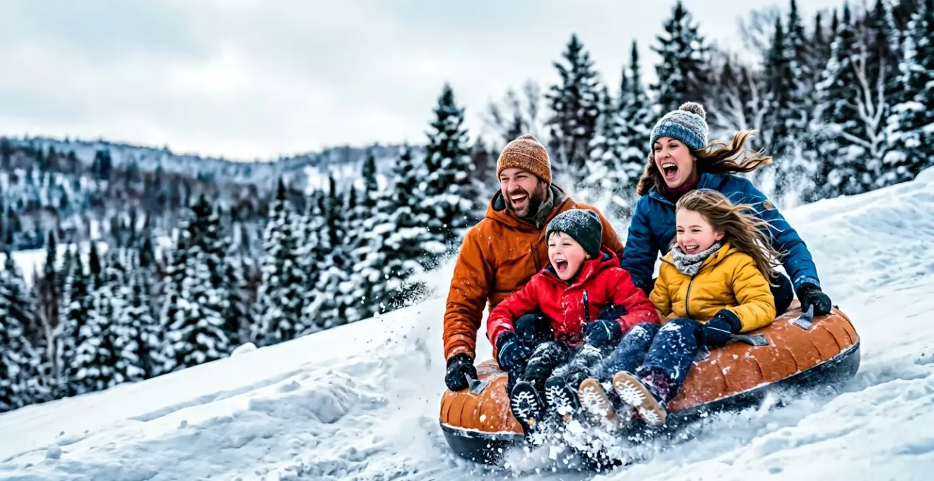 Famille avec enfants pratiquant le rafting sur neige dans un paysage hivernal québécois enneigé