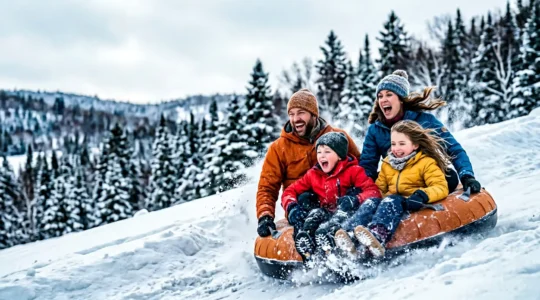 Famille avec enfants pratiquant le rafting sur neige dans un paysage hivernal québécois enneigé