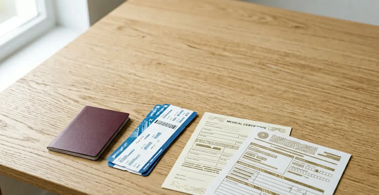 Documents d'assurance voyage et certificat médical disposés professionnellement sur un bureau