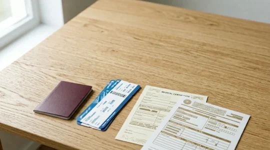 Documents d'assurance voyage et certificat médical disposés professionnellement sur un bureau