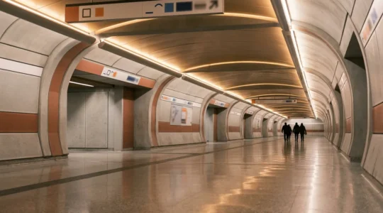 Voyageur marchant dans le réseau souterrain RÉSO de Montréal en hiver, architecture moderne et lumières chaudes