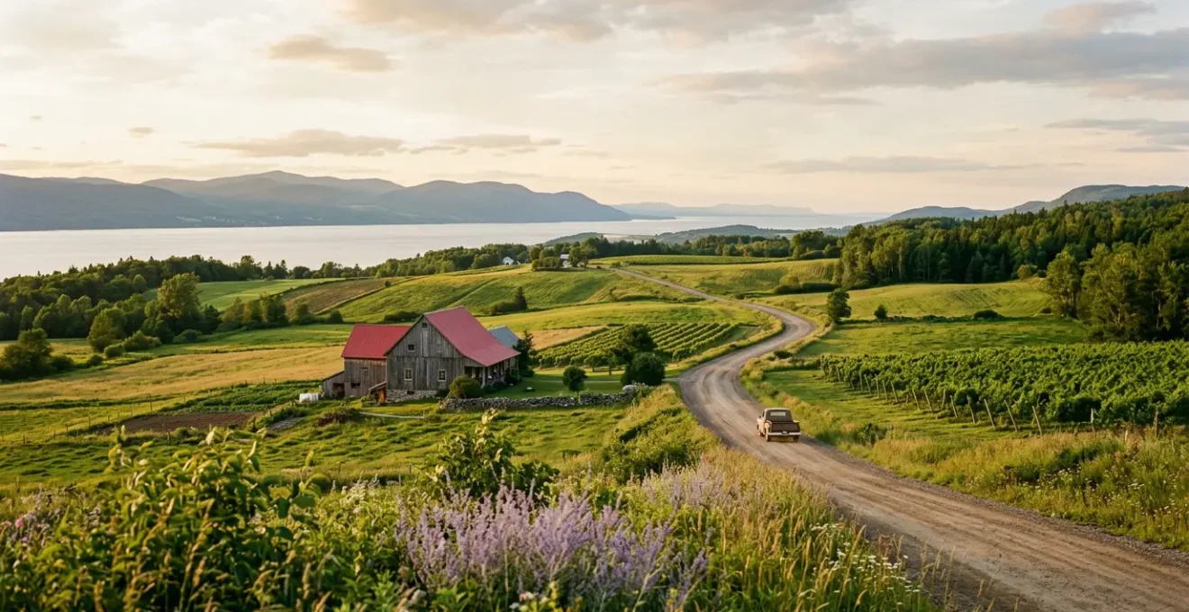 Paysage pittoresque de Charlevoix avec route panoramique traversant vignobles et fermes artisanales le long du fleuve Saint-Laurent