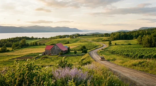 Paysage pittoresque de Charlevoix avec route panoramique traversant vignobles et fermes artisanales le long du fleuve Saint-Laurent