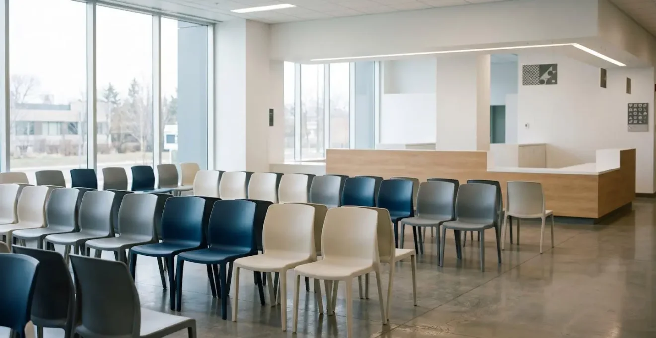 Salle d'attente d'urgences hospitaliere au Canada avec rangees de sieges vides et eclairage fluorescent