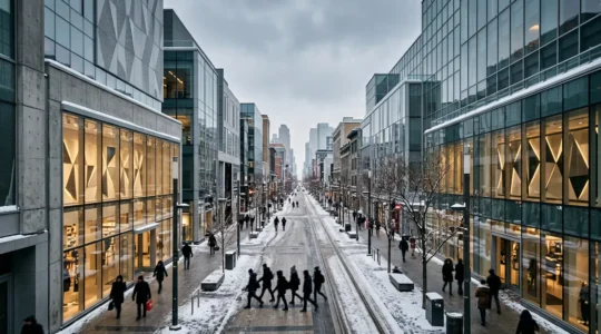 Perspective aérienne d'une artère commerciale urbaine animée avec façades de verre et passants en mouvement