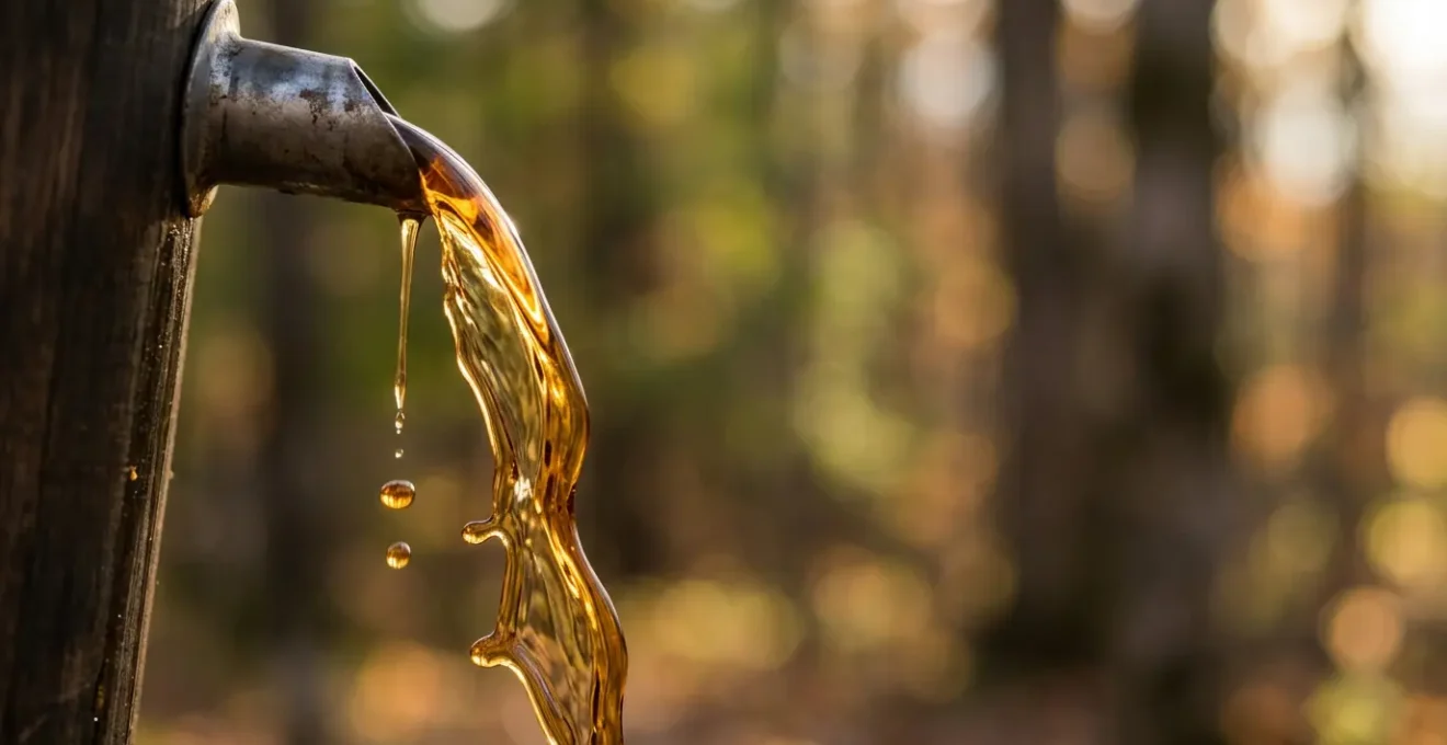 Sirop d'érable doré coulant d'un contenant traditionnel avec reflets ambrés sur fond naturel